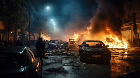 Burning cars on the street in Kiev, Ukraineの素材