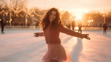 Beautiful young woman skating on the ice rink in the evening.の素材