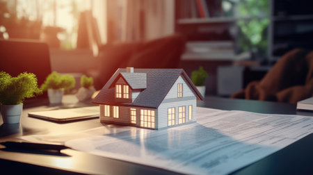 Real estate concept. House model on table in office. 3d renderingの素材
