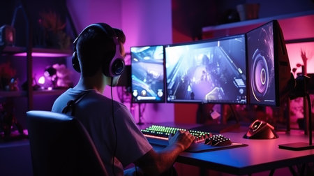 Professional gamer playing online video games on computer at home in neon light.の素材