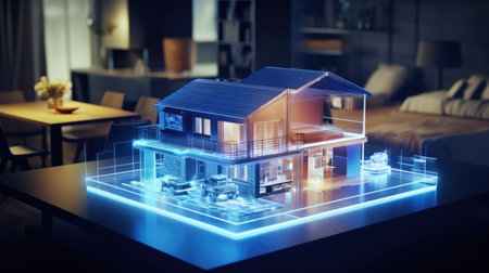 3D rendering of a house hologram on a table in a cafeの素材