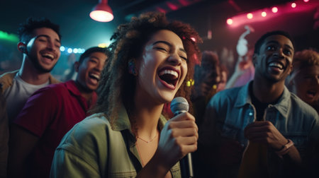 Multiethnic group of friends singing karaoke together in nightclubの素材
