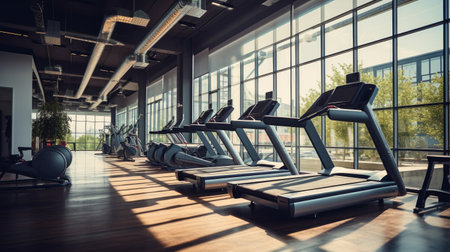 Modern gym interior with rows of treadmills. Toned imageの素材