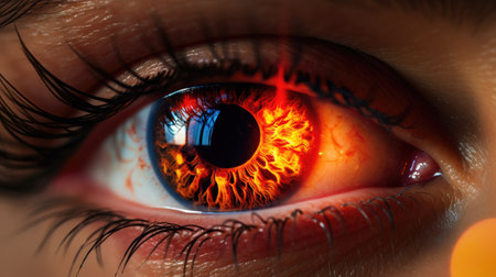 Close-up of human eye with fire in it. 3D renderingの素材