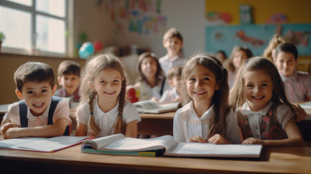 Portrait of happy kids looking at camera while sitting at desk in classroomの素材