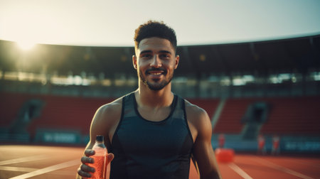 Portrait of smiling athlete holding bottle of water while standing on stadiumの素材