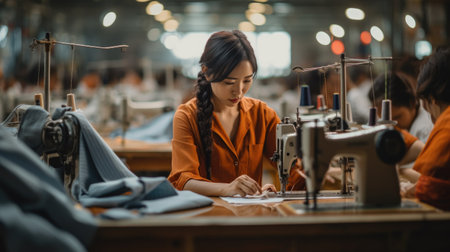 Young asian female fashion designer working on a sewing machine in a workshopの素材