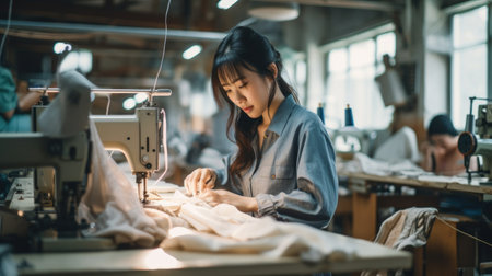 Fashion designer woman working on sewing machine in factory. Asian female fashion designer using sewing machine to create new clothes.の素材