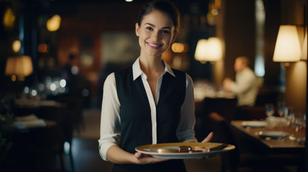 Portrait of smiling waitress holding plate with chocolate candies in restaurantの素材