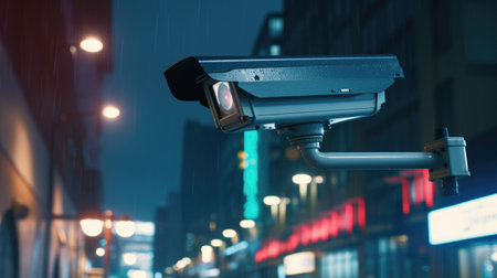 Surveillance camera on the street at night. 3d renderingの素材