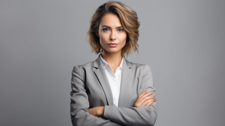 Portrait of a confident businesswoman standing with arms crossed over gray backgroundの素材