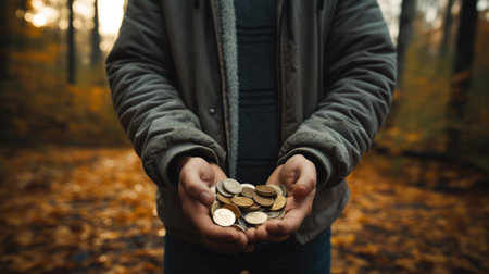 Man holding handful of coins in autumn forest. Savings, finances and economy conceptの素材