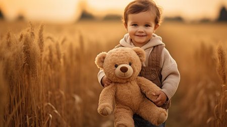 Cute little boy with teddy bear in wheat field at sunsetの素材