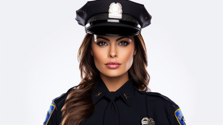 Young beautiful police woman in uniform on white background. Cop concept.の素材
