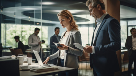 Business people working together in modern office. Businessman and businesswoman using mobile phone.