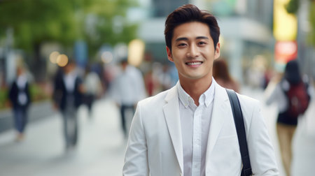 Portrait of a handsome young asian man smiling in the cityの素材