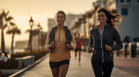 Two young women jogging together on a promenade in the morningの素材