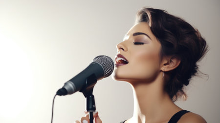 Portrait of beautiful young woman singing into a microphone on grey backgroundの素材