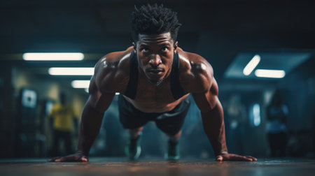 African American Athlete Doing Pushups As Part Of Bodybuilding Trainingの素材