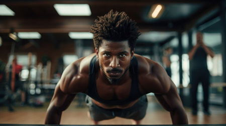 African american man doing push-ups in a crossfit gymの素材