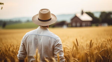 Rear view of man in white shirt and straw hat standing in wheat field.の素材