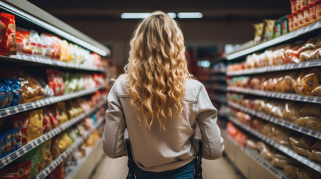 Young woman shopping in a grocery store or supermarket, she is looking for food and choosing itの素材