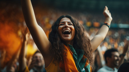 Cheering crowd at a live concert in front of the football stadiumの素材