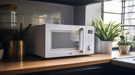 Microwave oven on the table in the kitchen at home.の素材