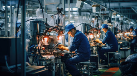 Production line of the factory. Industrial workers working on the production line.の素材