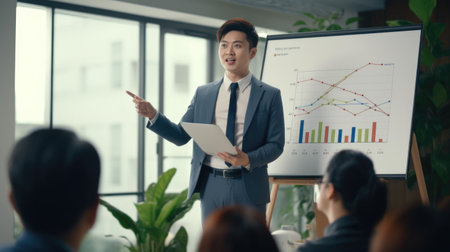 Businessman giving a presentation to his colleagues in the meeting room.の素材