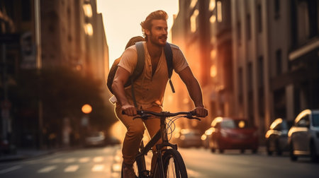 Handsome young man riding a bicycle in the city at sunsetの素材
