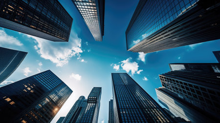 Bottom view of modern skyscrapers in business district against blue skyの素材