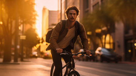 Handsome young man riding a bicycle in the city at sunsetの素材