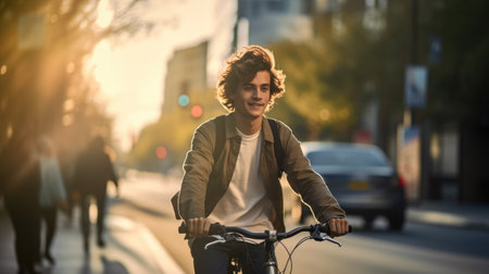Young man with a bicycle in the city. Urban lifestyle. Blurred background.の素材