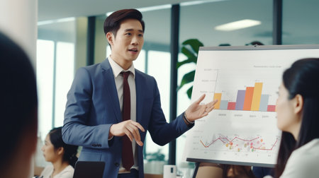 Business people proficiently discuss work project while sitting in office. Corporate business team collaboration concept.の素材