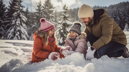 Happy family playing with snow in winter forest. Father, mother and children having fun outdoors.の素材