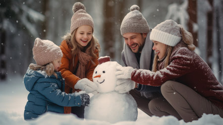holidays, winter, christmas and people concept - happy family making snowman in winter parkの素材