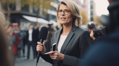 Female journalist reporting live on the street. She is wearing glasses and a suit.の素材