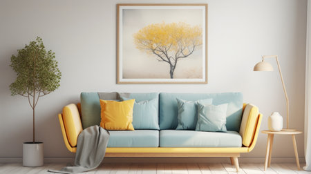 modern living room with yellow sofa 3d render illustration mock up designの素材