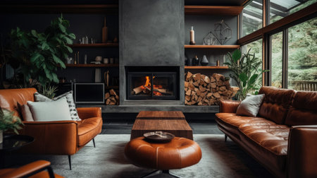 Cozy modern living room with orange leather sofa and fireplace. Nobody insideの素材