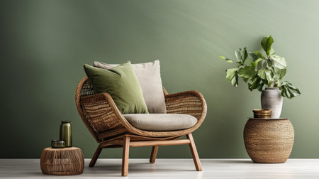 Interior of modern living room with wicker armchair, pillows and green wallの素材