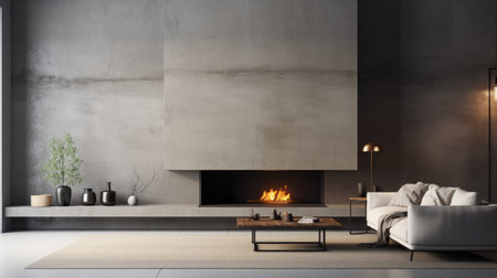 Modern living room interior design with fireplace. 3d rendering mock upの素材