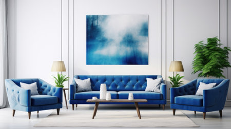 Modern living room interior with blue sofa, coffee table and posters. 3d renderの素材