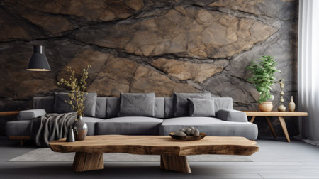 Modern living room interior design with gray sofa, coffee table and plant. 3D Renderingの素材