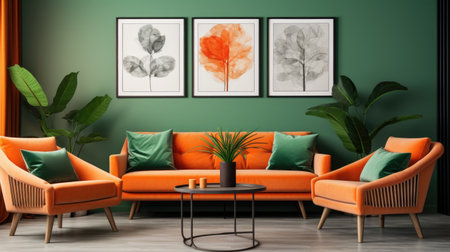 Interior of modern living room with orange sofa, coffee table and plants. 3d renderの素材