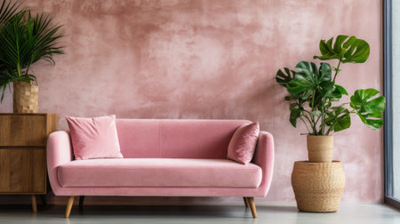 Pink sofa with pillows in modern living room interior, 3d renderの素材