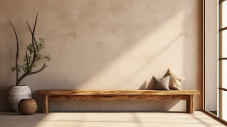 Interior of modern living room with beige walls, concrete floor, wooden bench and plant in pot. 3d renderingの素材