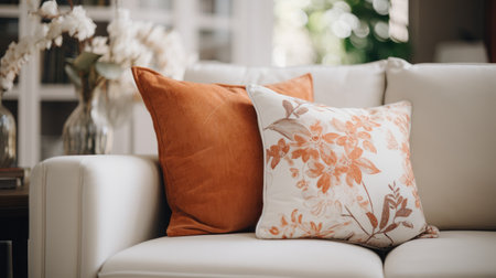 Beautiful pillow on sofa decoration in living room interior - Vintage Light Filterの素材