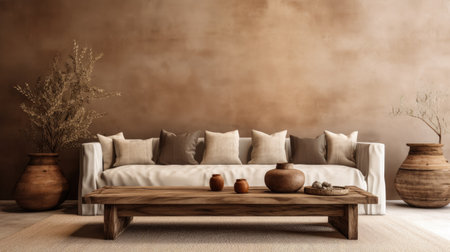 Modern living room interior with sofa, coffee table and plant. 3d renderの素材