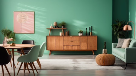 Interior of modern living room with green walls, wooden floor, green sofa and wooden coffee table. 3d renderの素材